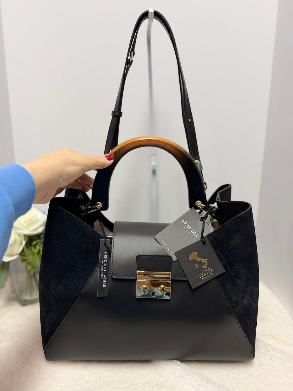 NWT Black Claudia Firenze Italian Leather & Suede Satchel with Wooden Handle